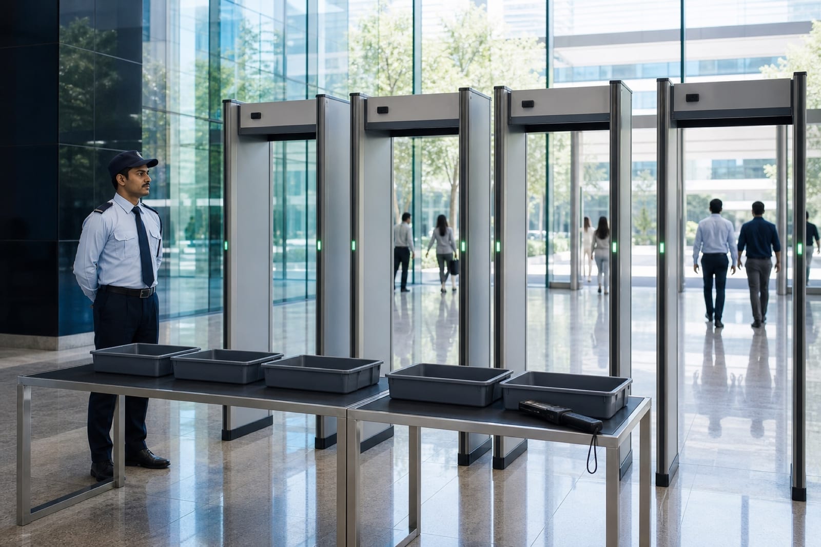 A row of Kapri Corp walk-through metal detector portals with screening tables and inspection trays at a corporate lobby entrance, a security officer on duty