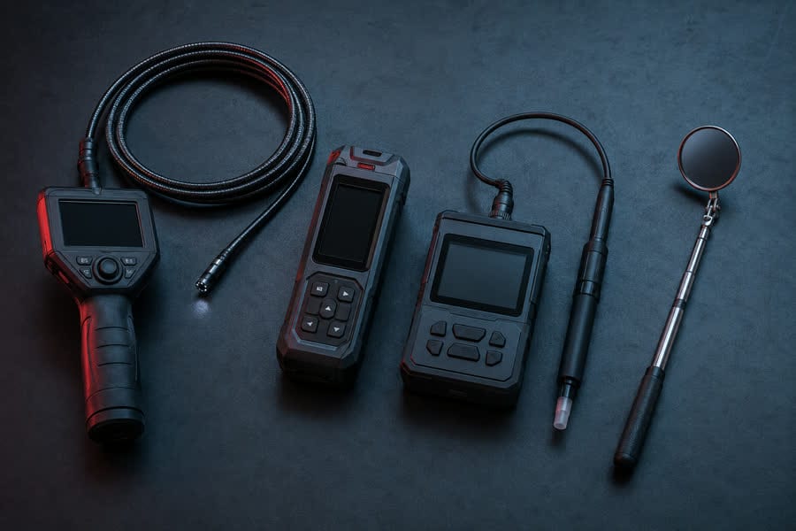 A flat-lay of tactical inspection instruments — a fibre-optic borescope, contraband detector, chemical analyser and inspection mirror