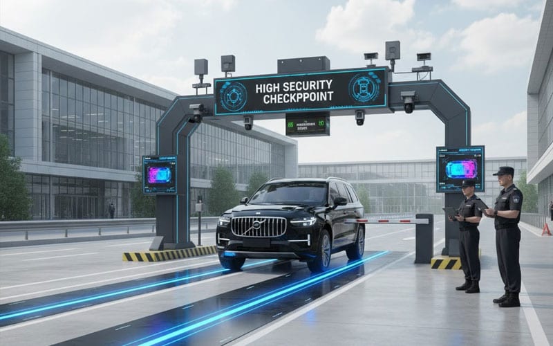 A vehicle passing under a high-security checkpoint scanning gantry with guards on duty