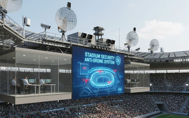 A stadium anti-drone system display overlooking a packed sports arena