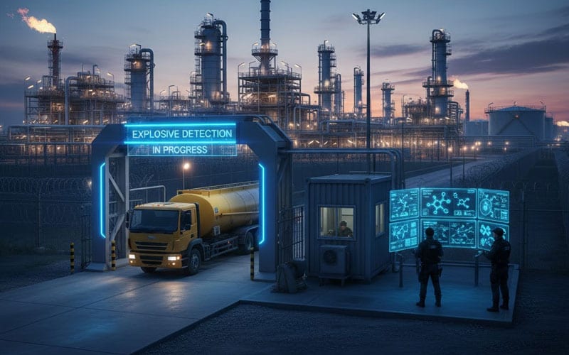 Explosive detection screening at the vehicle entry gate of an oil and gas refinery at dusk