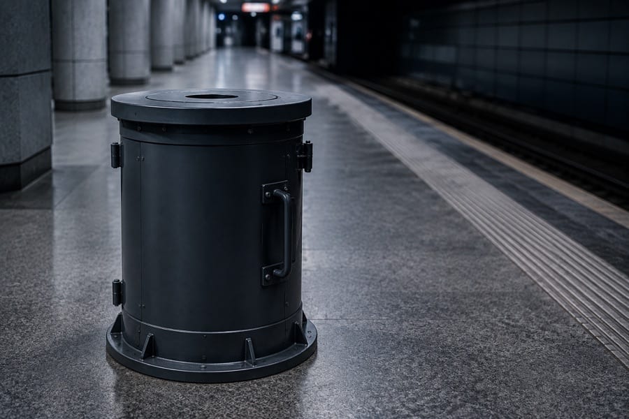 A heavy cylindrical anti-blast litter bin standing on a metro station platform