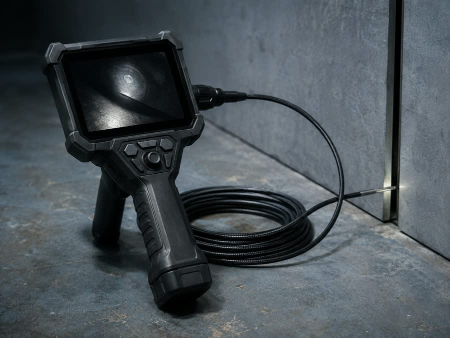 A pistol-grip borescope monitor with its flexible probe fed into a gap in a wall panel