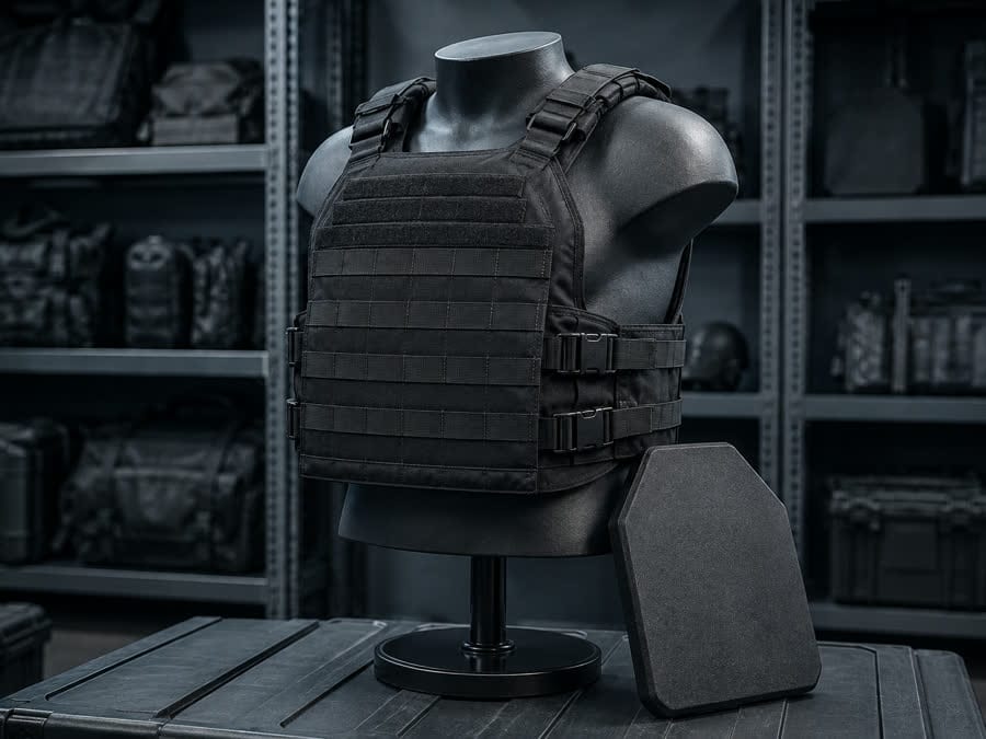 A ballistic plate carrier vest on a torso form with a spare armour plate propped beside it