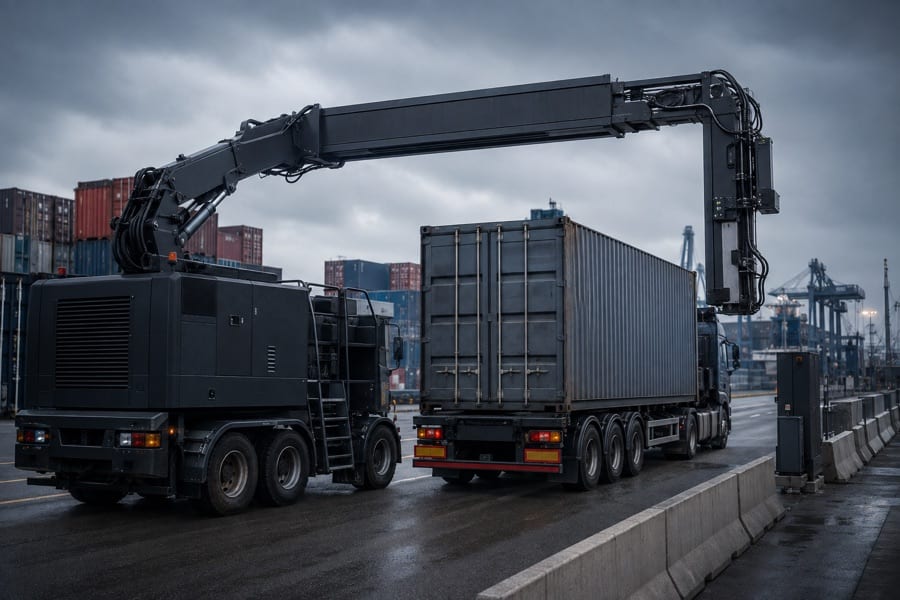 A truck-mounted high-energy X-ray cargo scanner with its boom deployed over a container lorry at a port