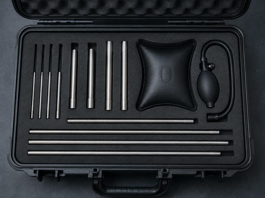 A vehicle entry tool kit in cut foam — lock picks, an inflatable wedge with hand pump and long reach rods