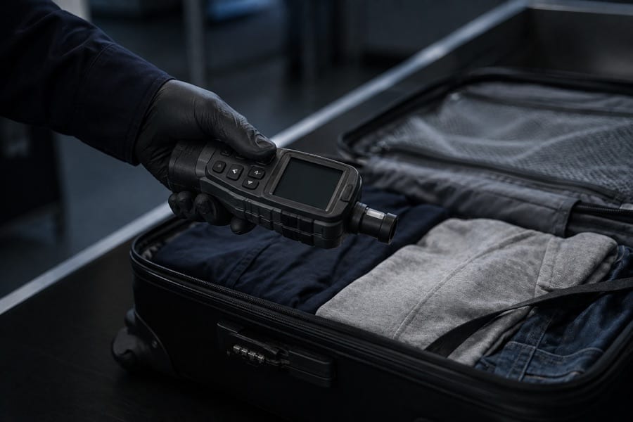 A customs officer's gloved hand holding a narcotics trace detector over an open suitcase