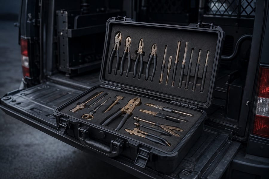 An EOD render-safe-procedure tool kit open in a hard case on a bomb squad vehicle tailgate