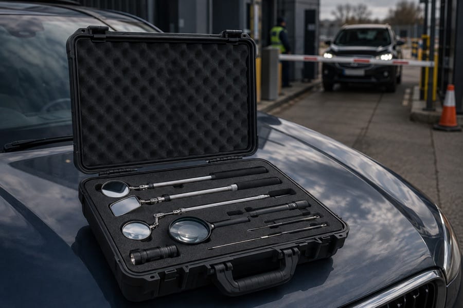 An open search kit case with inspection mirrors, magnifiers, a torch and probes resting on a car bonnet