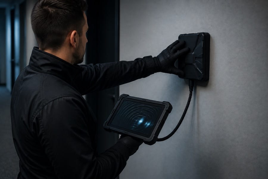 A portable through-wall radar unit held flat against an interior wall by an operator, tablet showing a movement trace