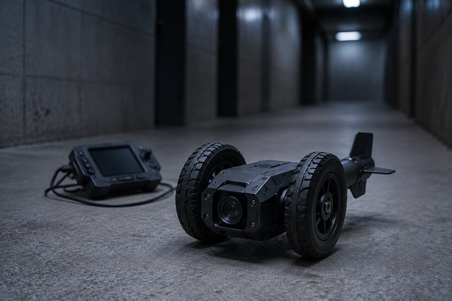 A two-wheeled throwable tactical robot with camera and tail on a concrete corridor floor, controller behind it