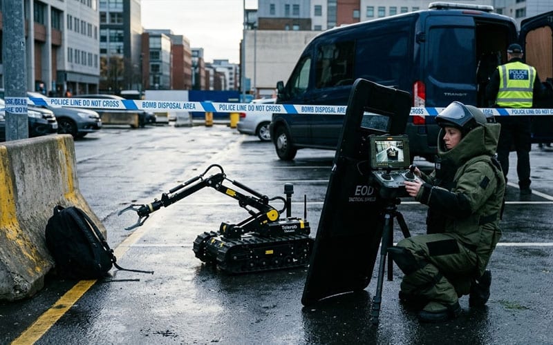 An EOD team deploying a bomb-disposal robot while a technician in a bomb suit works a cordoned street incident